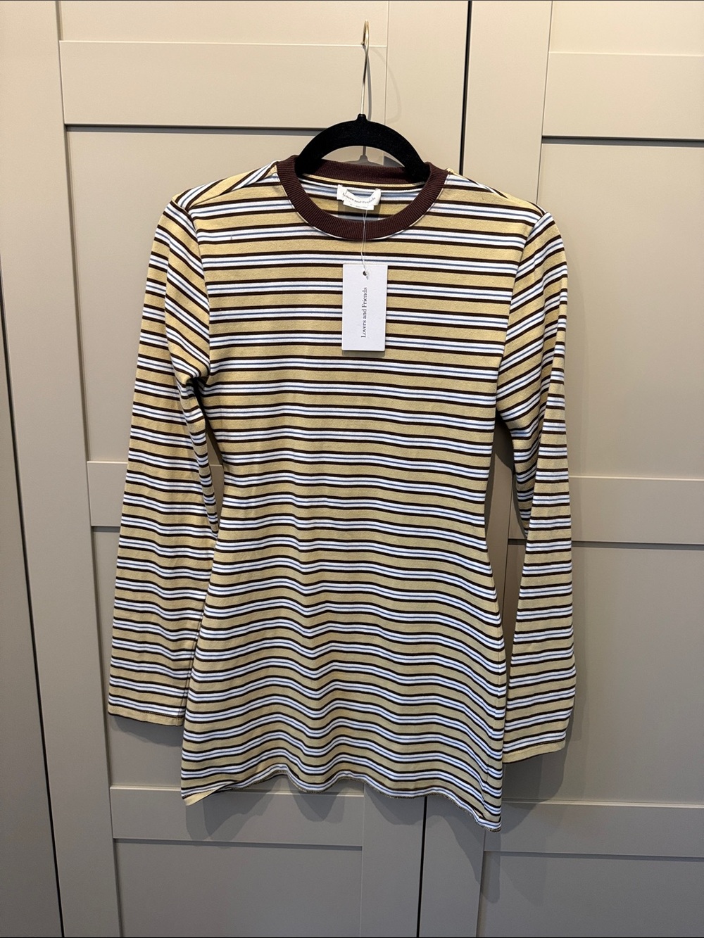 Brand new lovers and friends Striped Long Sleeve dress with Brown Trim